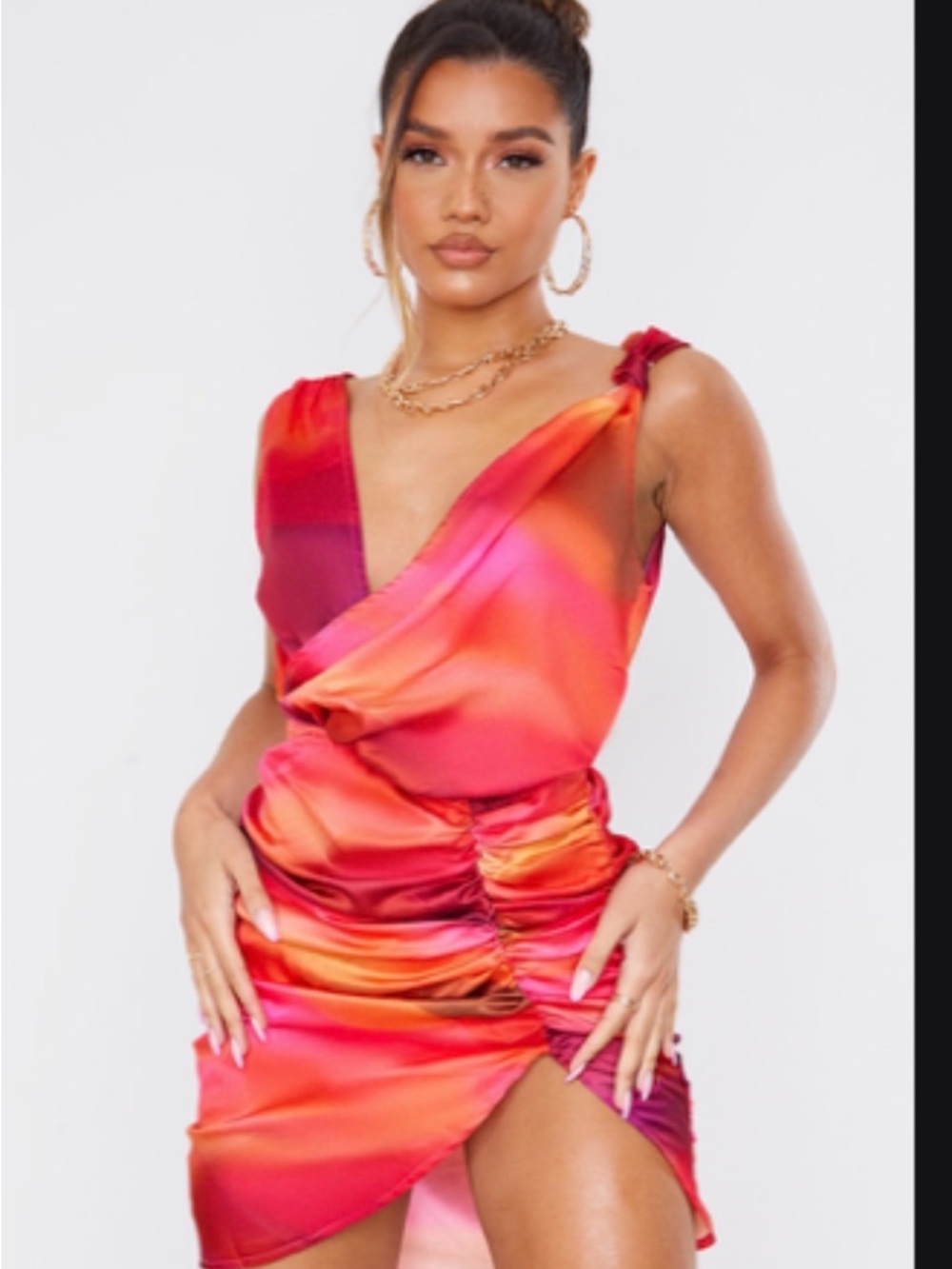 PrettyLittleThing Pink-Orange Satin Ruched V-Neck Mini Dress